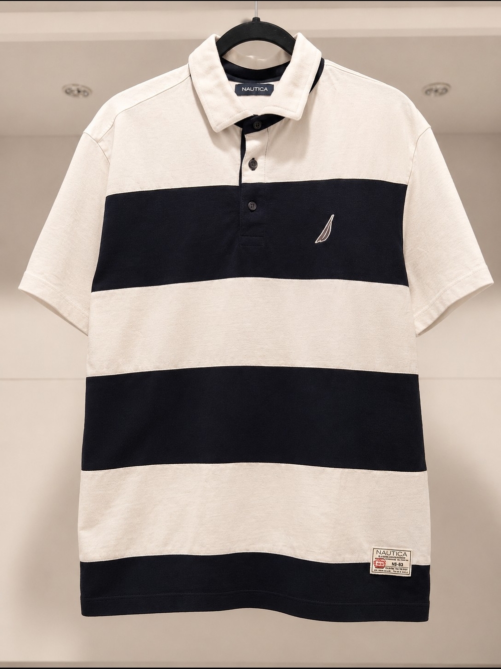 Navy & White Striped Polo Shirt Embroidered Logo Men's